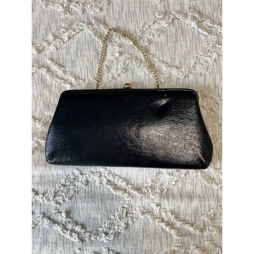 Vintage 1950s Mid-Century Modern Black Gold Faux Leather Clutch Bag Purse